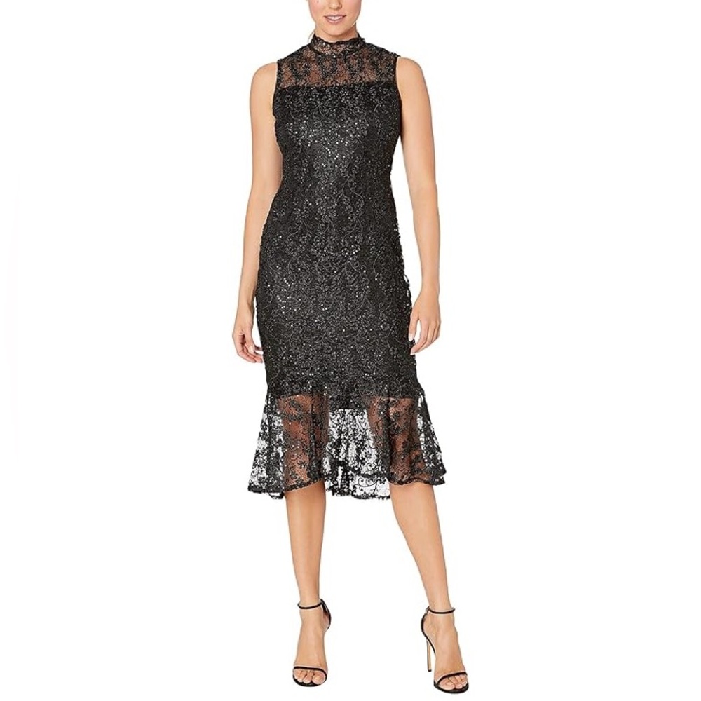 Calvin Klein Black Sequin Lace High-Low Sheath Dress Sz: 2